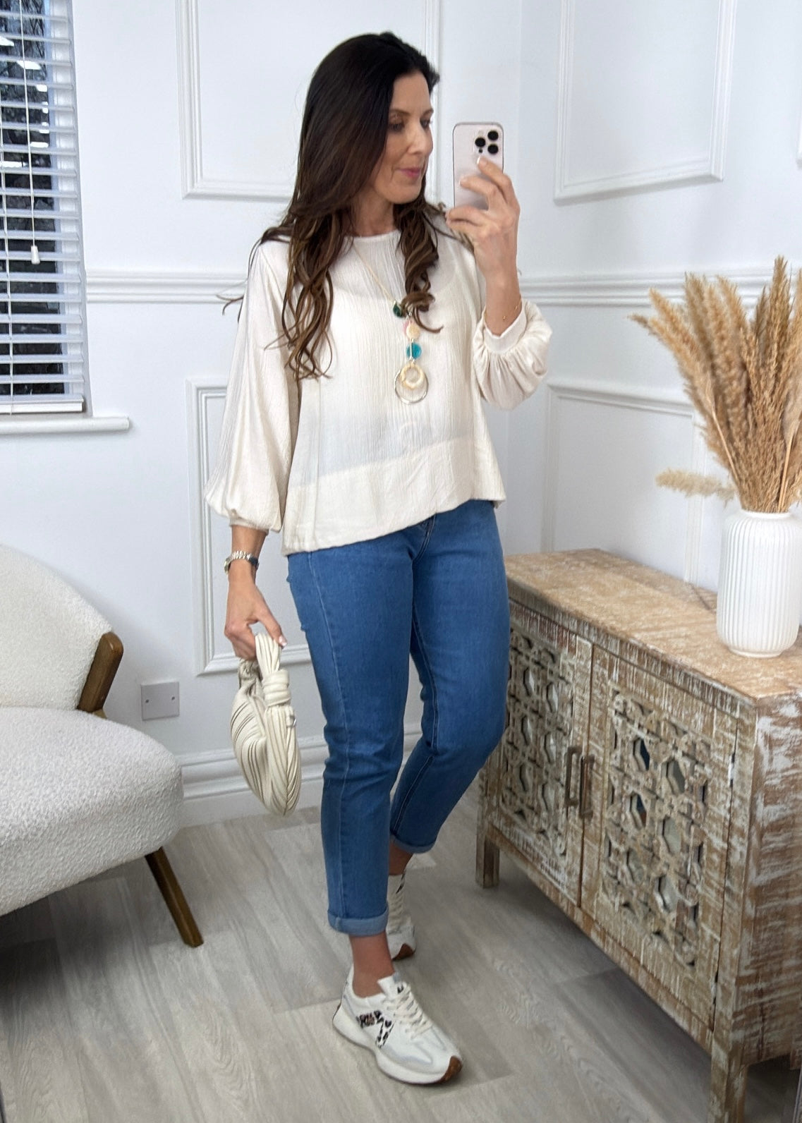 Rebel Cream Textured Blouse With Necklace
