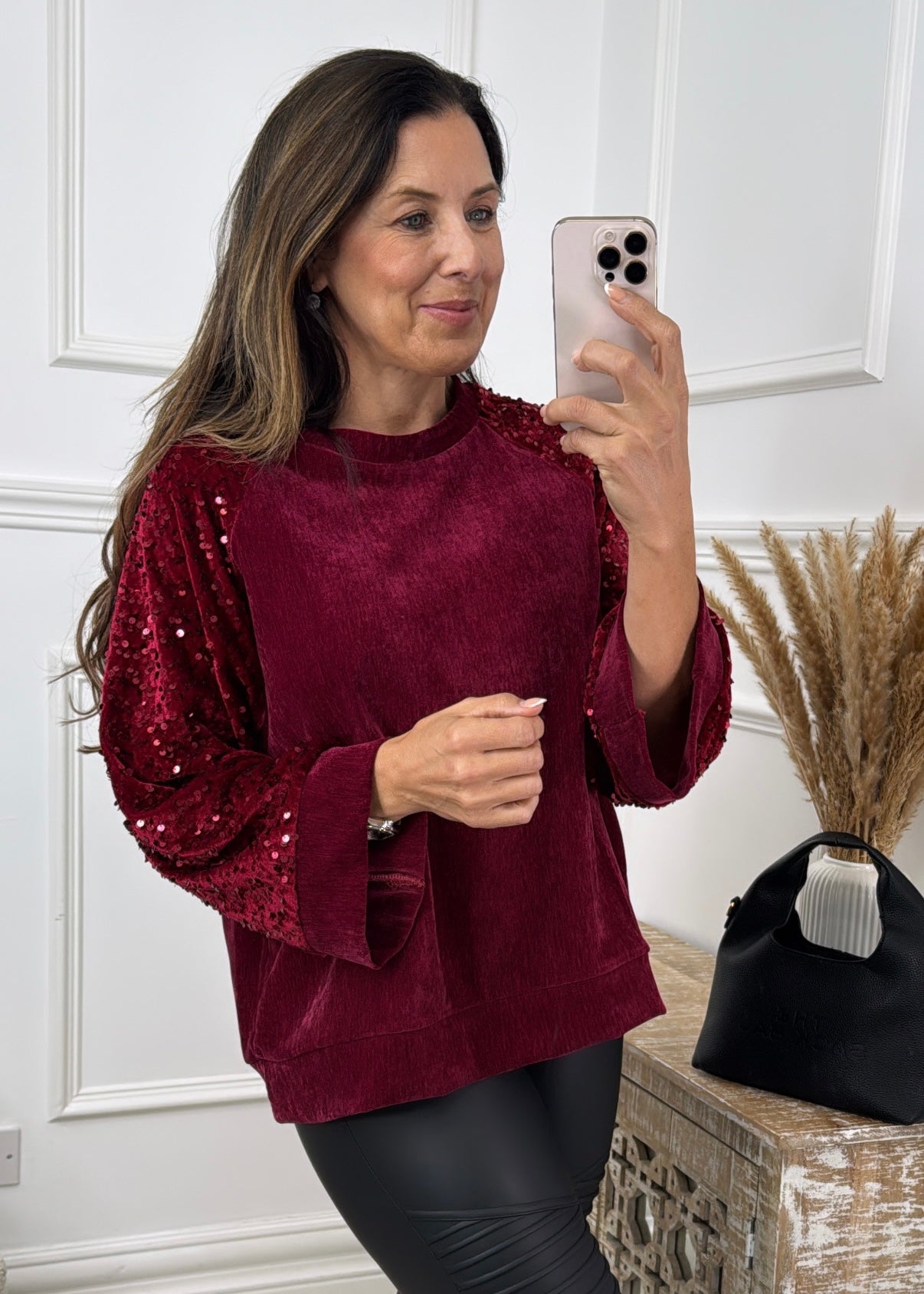 Stacy Wine Sequin Sleeve Top