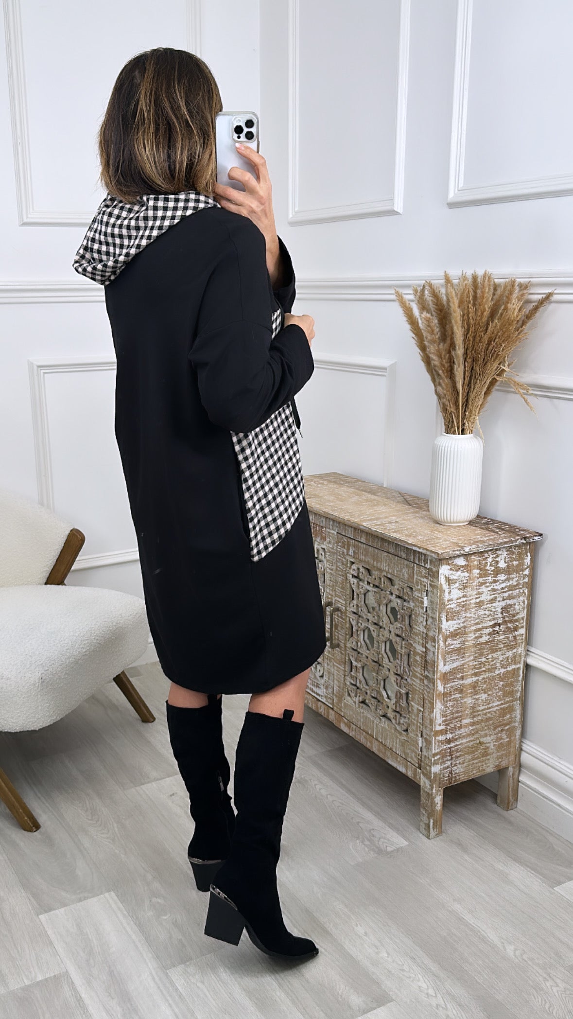 Kiera Beige Check Hoodie Dress