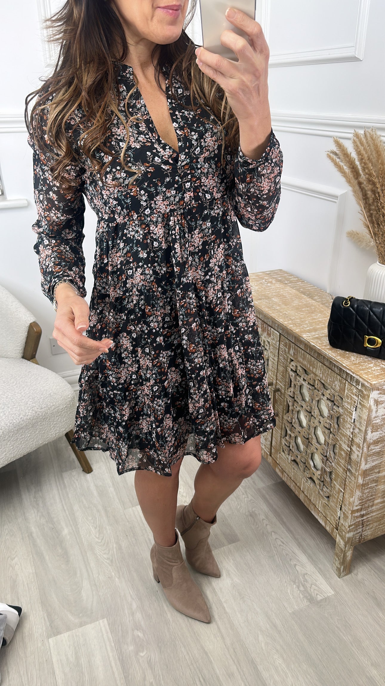Madid Black Semi Sheer Layer Smock Dress
