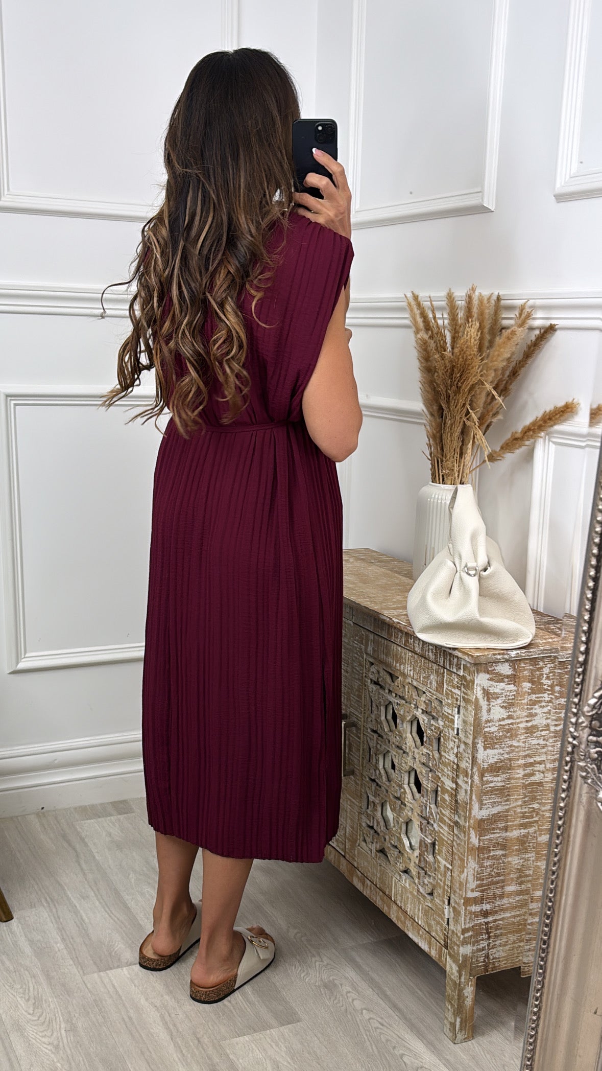 Shelly Wine Pleated Midi Dress