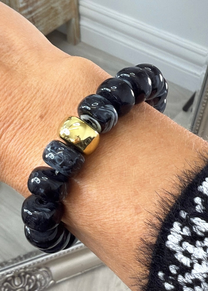 Liana Marbled Black Beads Stretch Bracelet