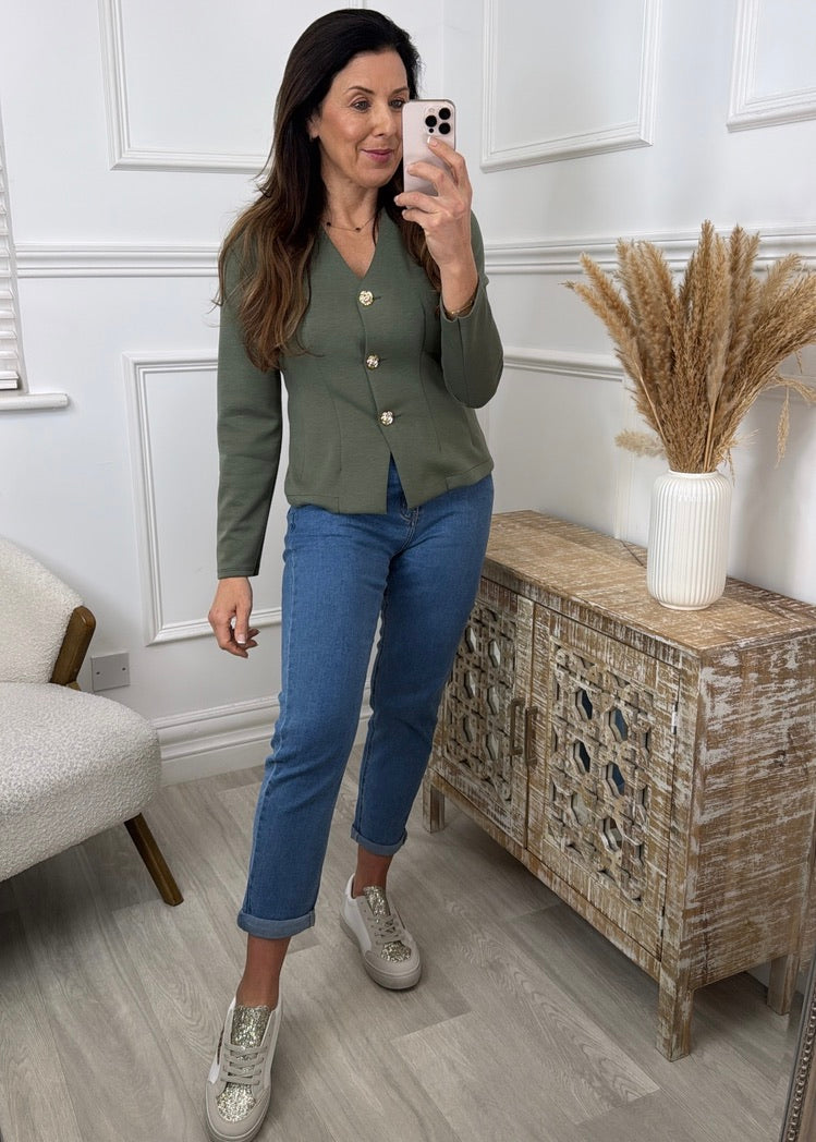Lilit Khaki Gold Button Cardigan