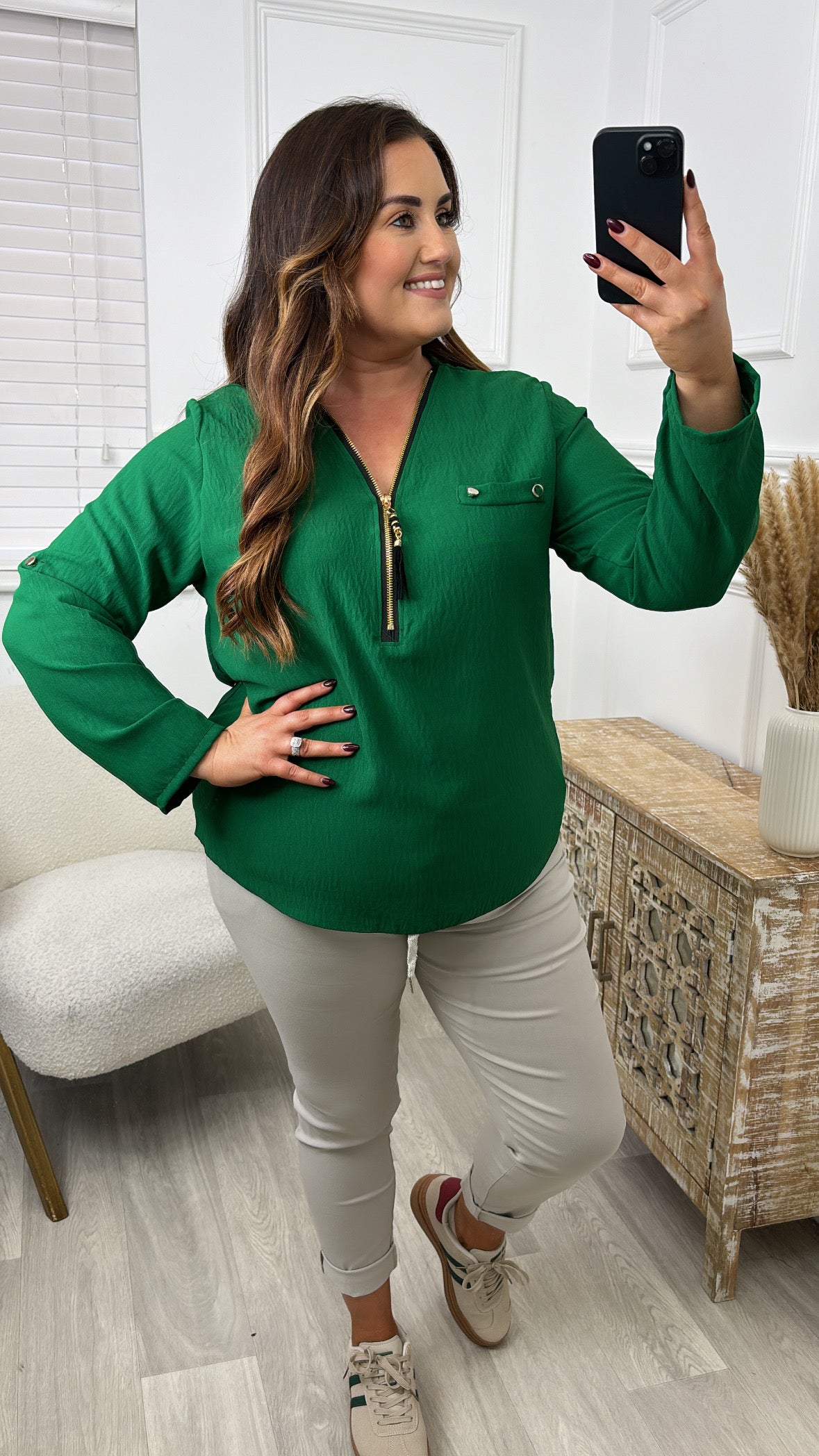 Jocasta Green Zip Detail Top