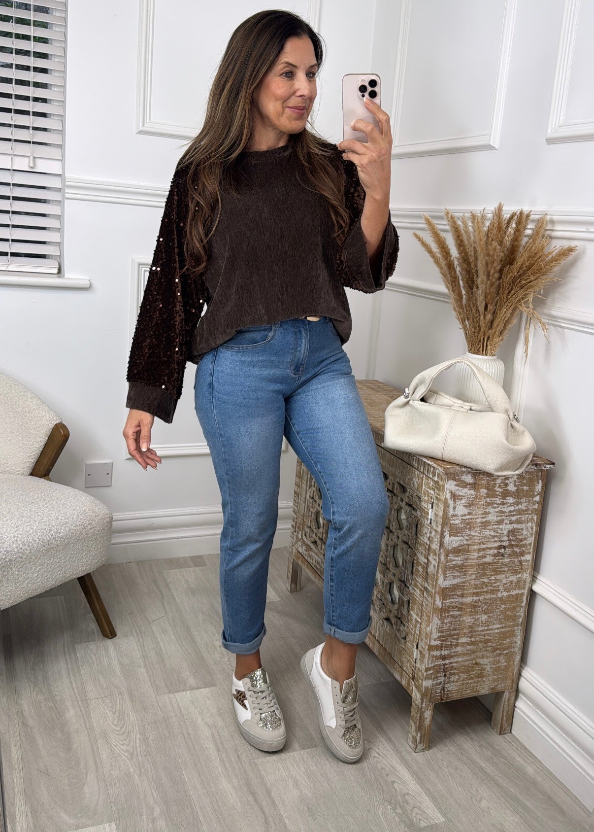 Stacy Brown Sequin Sleeve Top
