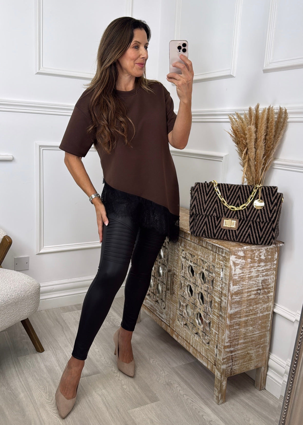 Shaun Brown Asymmetric Lace Hem Top
