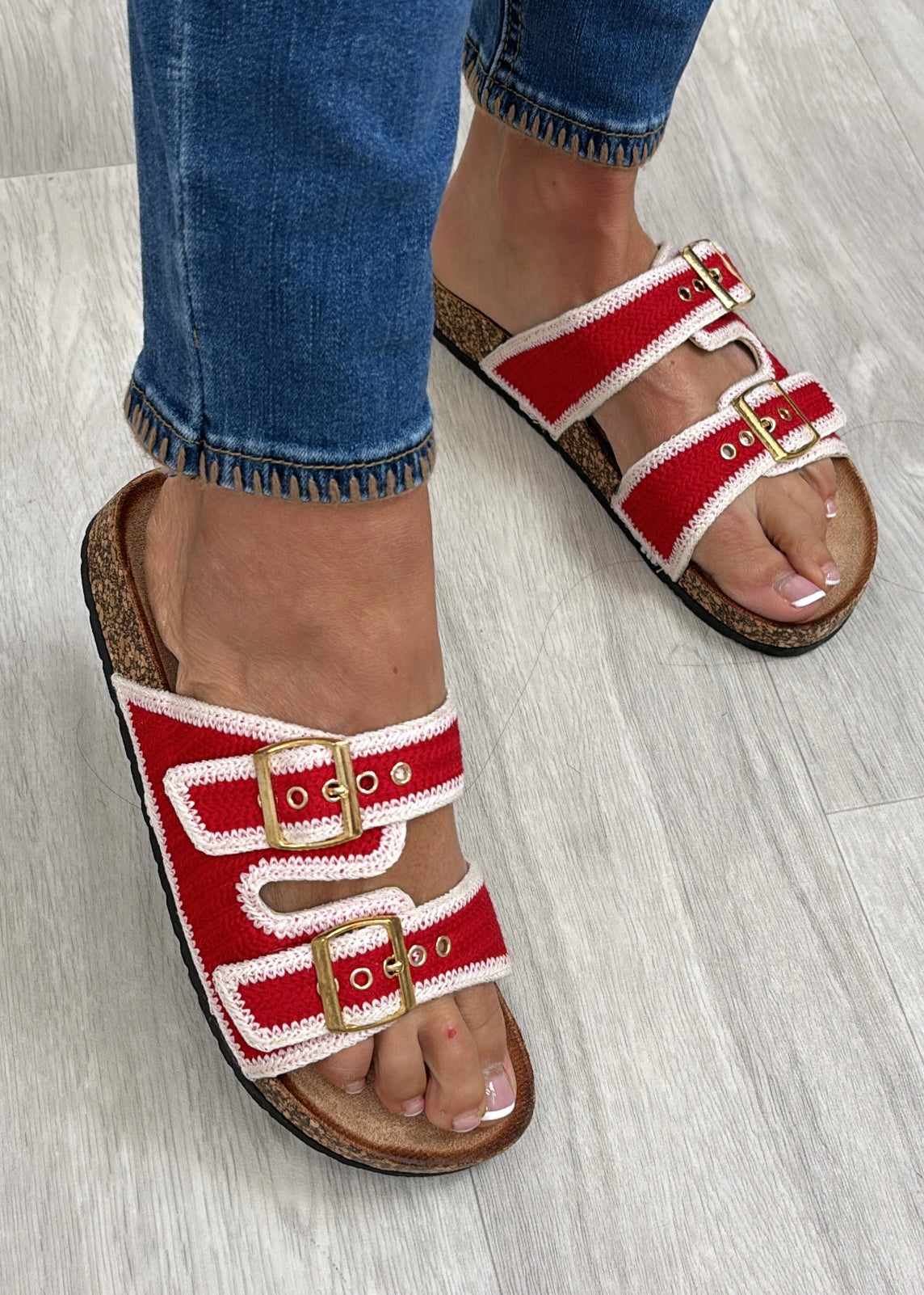 Susan Red Buckle Strap Sliders