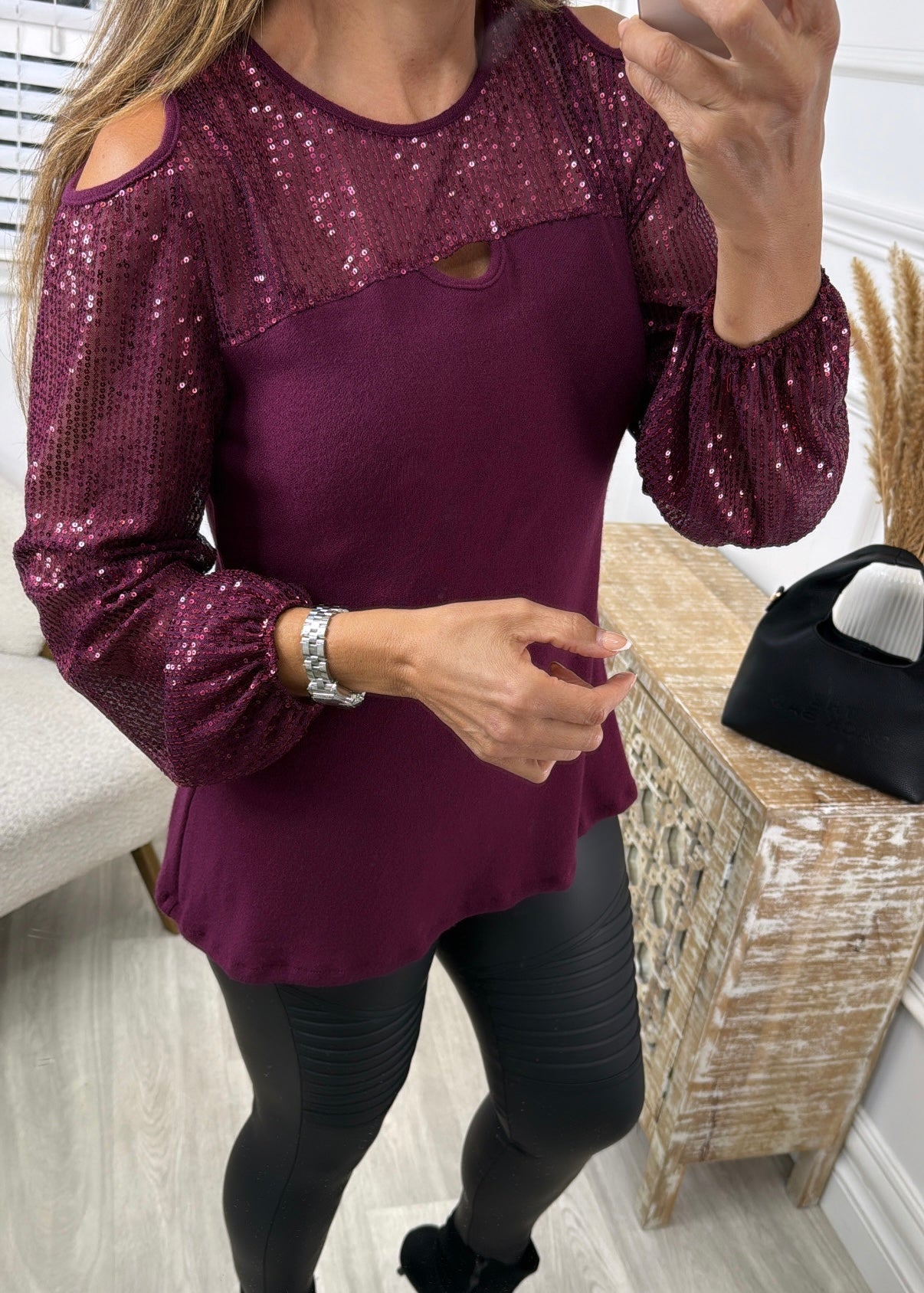 Teresa Wine Sequin Cold Shoulder Top