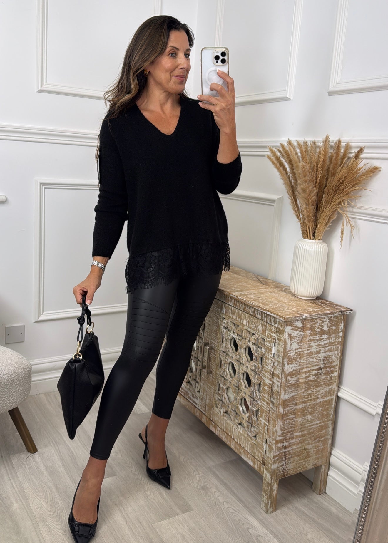 Iris Black V Neck Lace Trim Knit