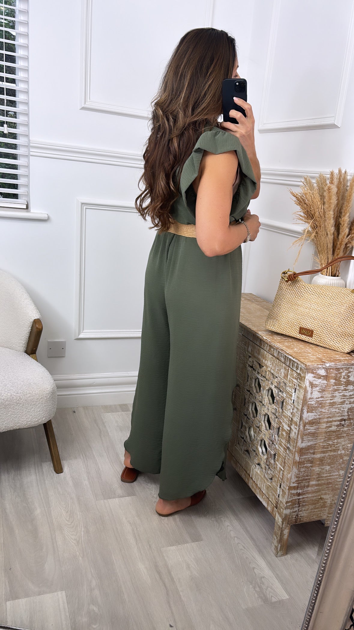 Athena Khaki Frill Sleeve Belted Jumpsuit