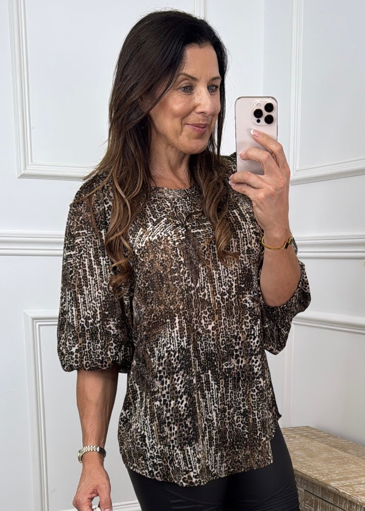 Maeve Beige Animal Print Mesh Blouse