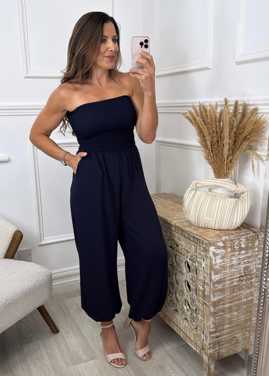 Darragh Navy Bandeaux Jumpsuit with Cuff Leg