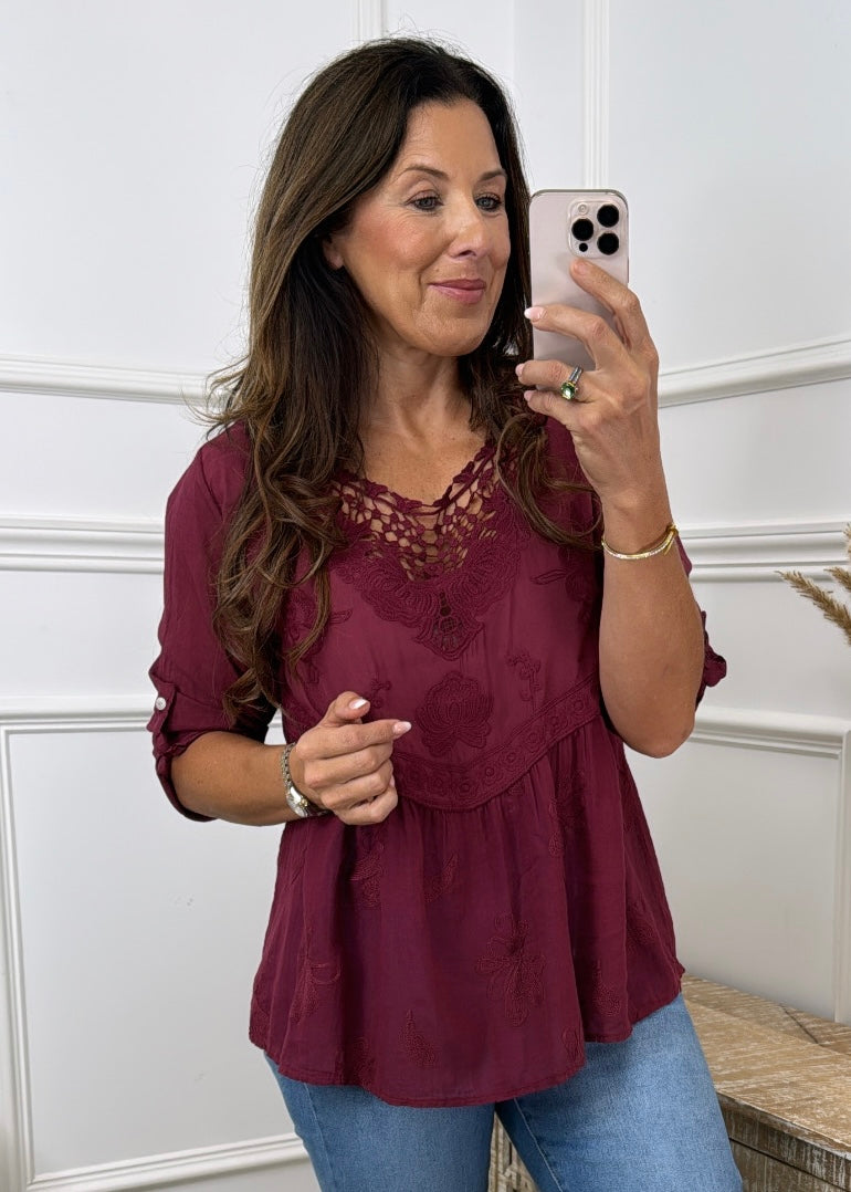 Rosalee Wine Broderie Top