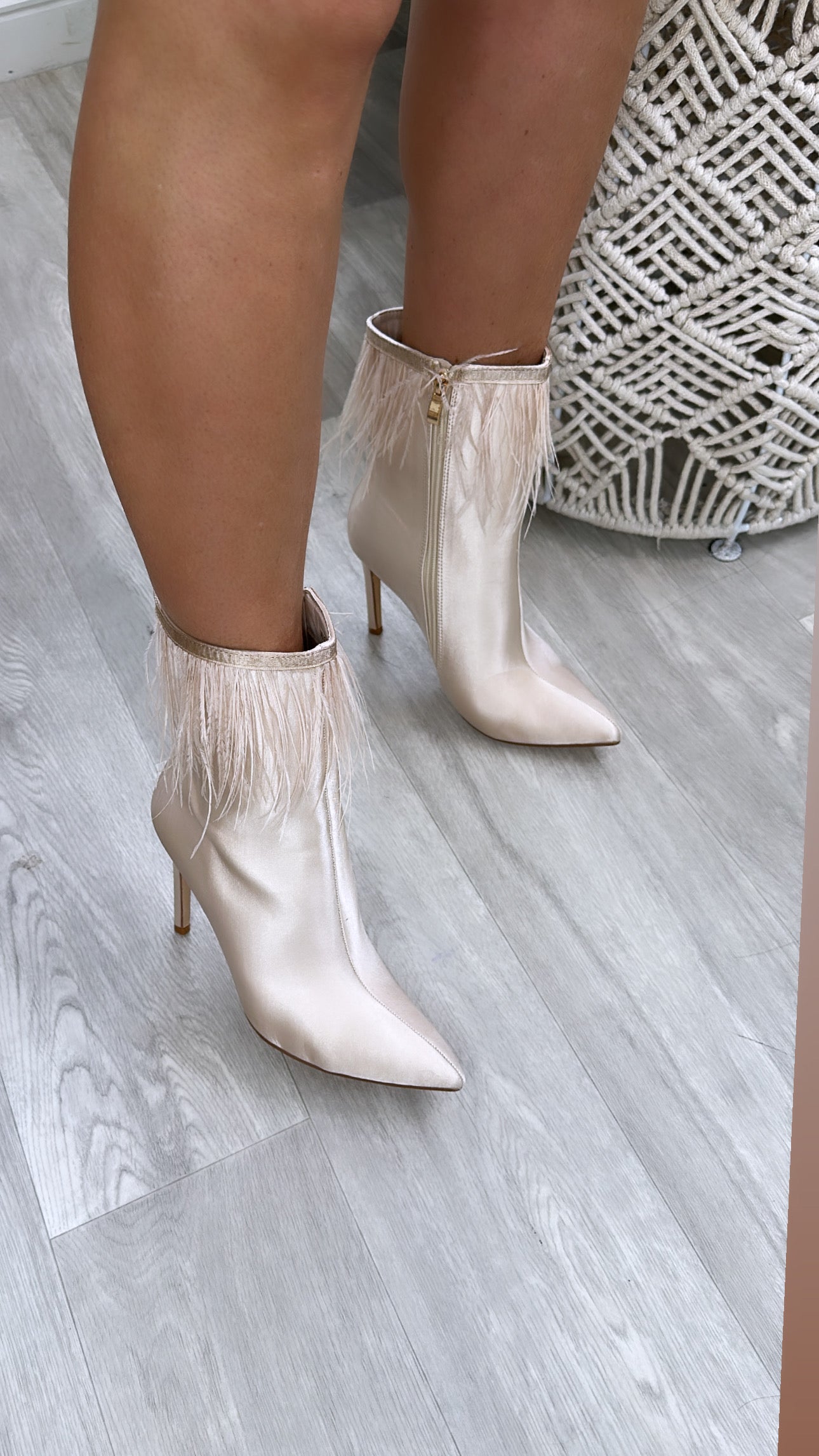 Pamela Beige Feather Trim Ankle Boots