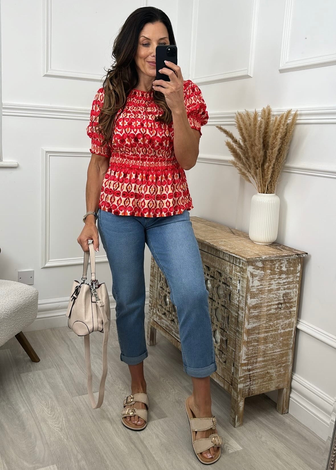 Olga Red Ikat Print Peplum Blouse