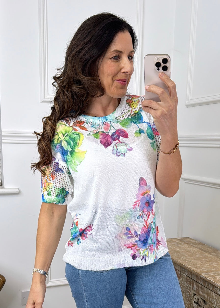 Imelda White Mesh Sleeve Floral Top