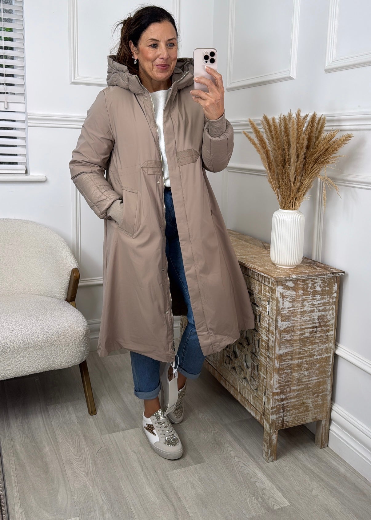 Paloma Beige Mid Length Quilted Sleeve Coat