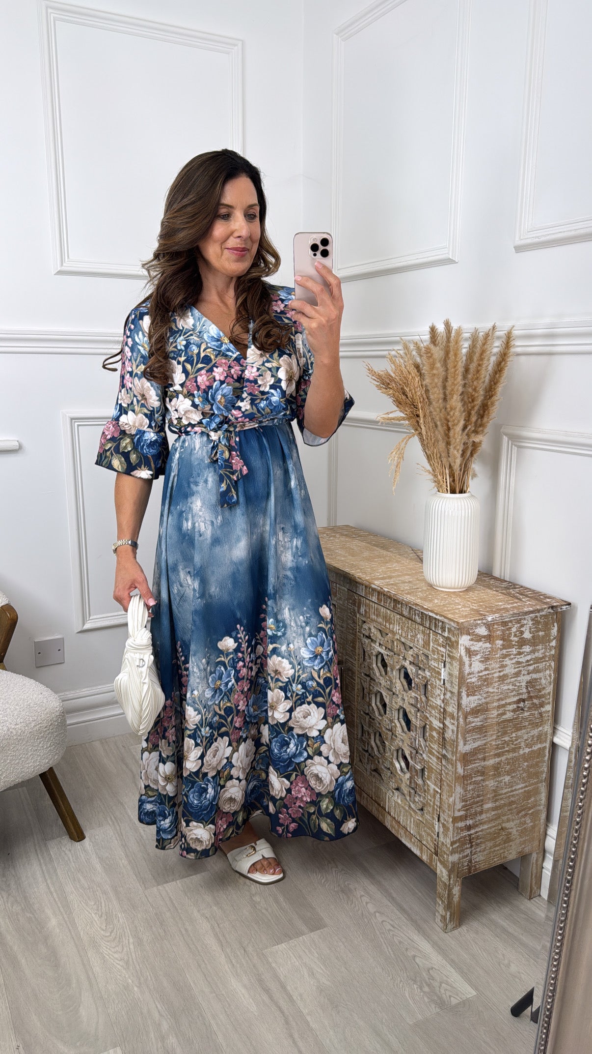 Nia Blue Denim Floral Faux Wrap Dress