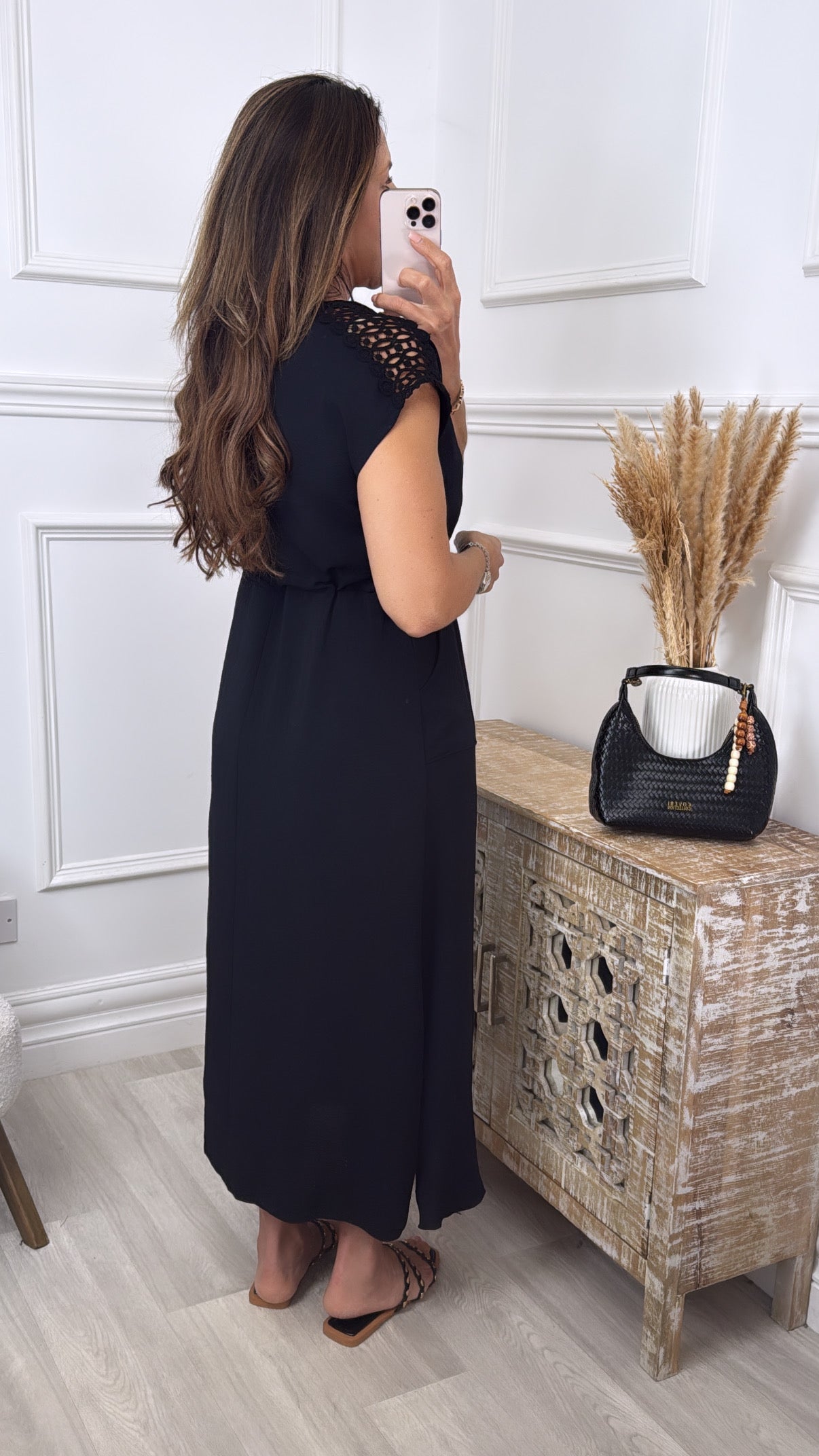 Sienna Black Crochet Detail Midi Dress