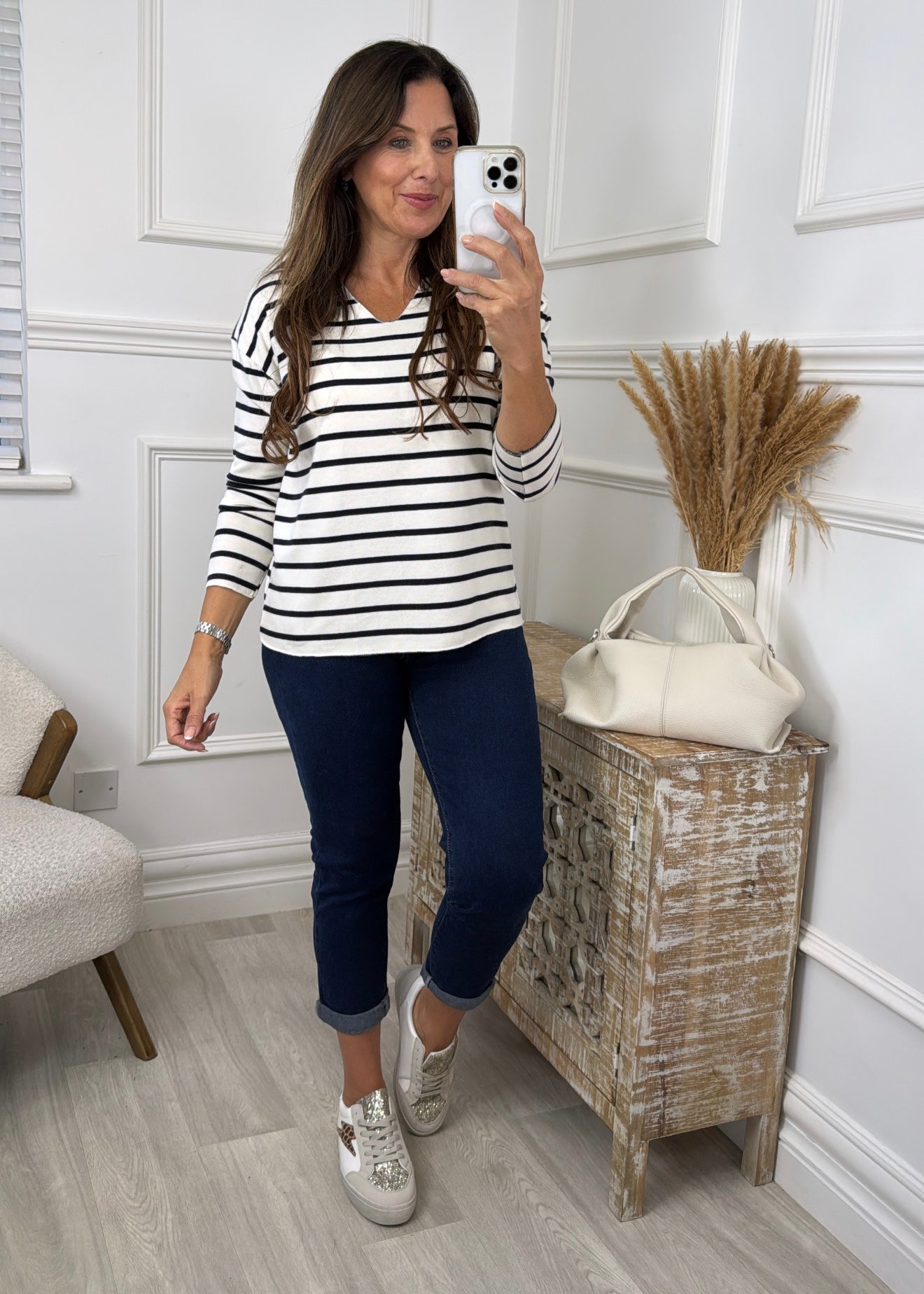 Raya Navy Striped V Neck Top