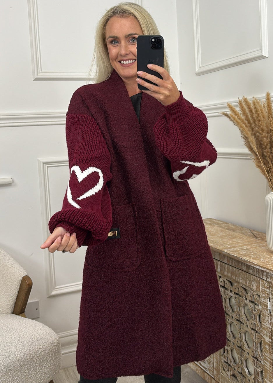 Yvonne Wine Heart Sleeve Coatigan