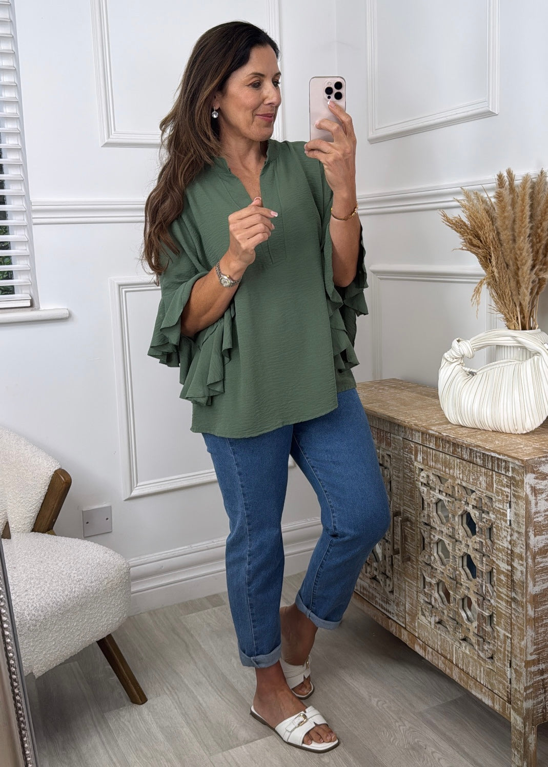 Ayda Khaki Ruffle Sleeve Top