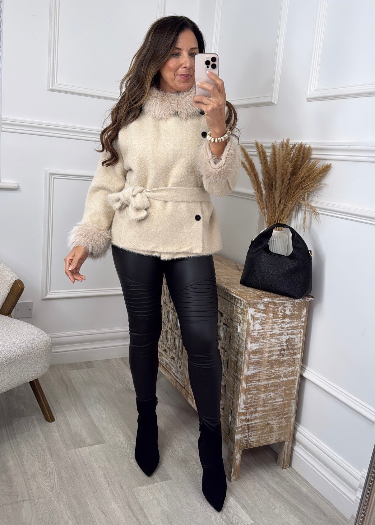 Imani Beige Fur Trim Cardigan