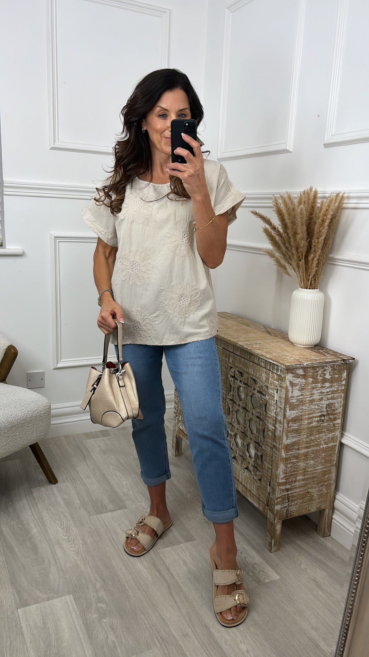 Kirby Beige Broderie Flower Top
