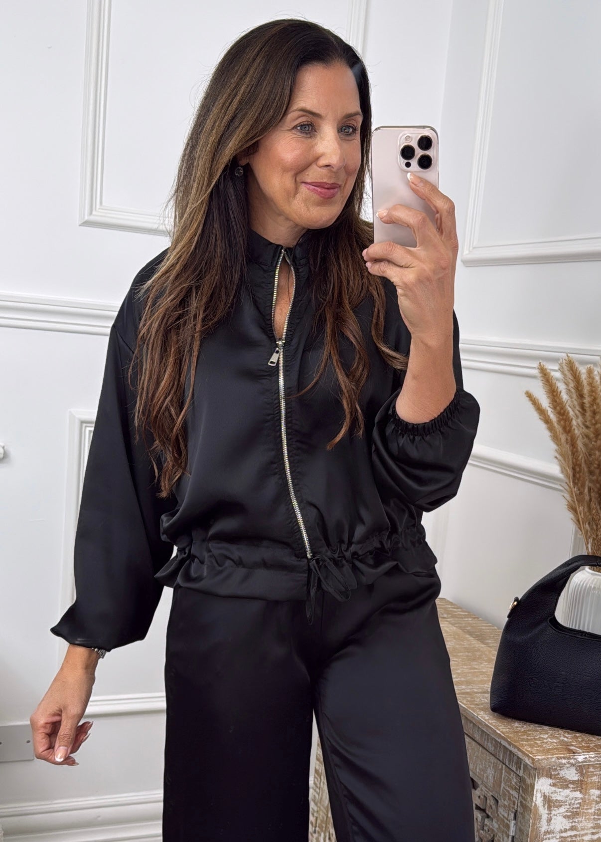 Trina Black Satin Zip Bomber