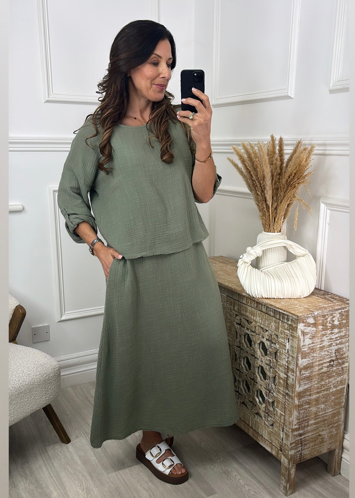 Steph Khaki Overlay Top Midi Dress