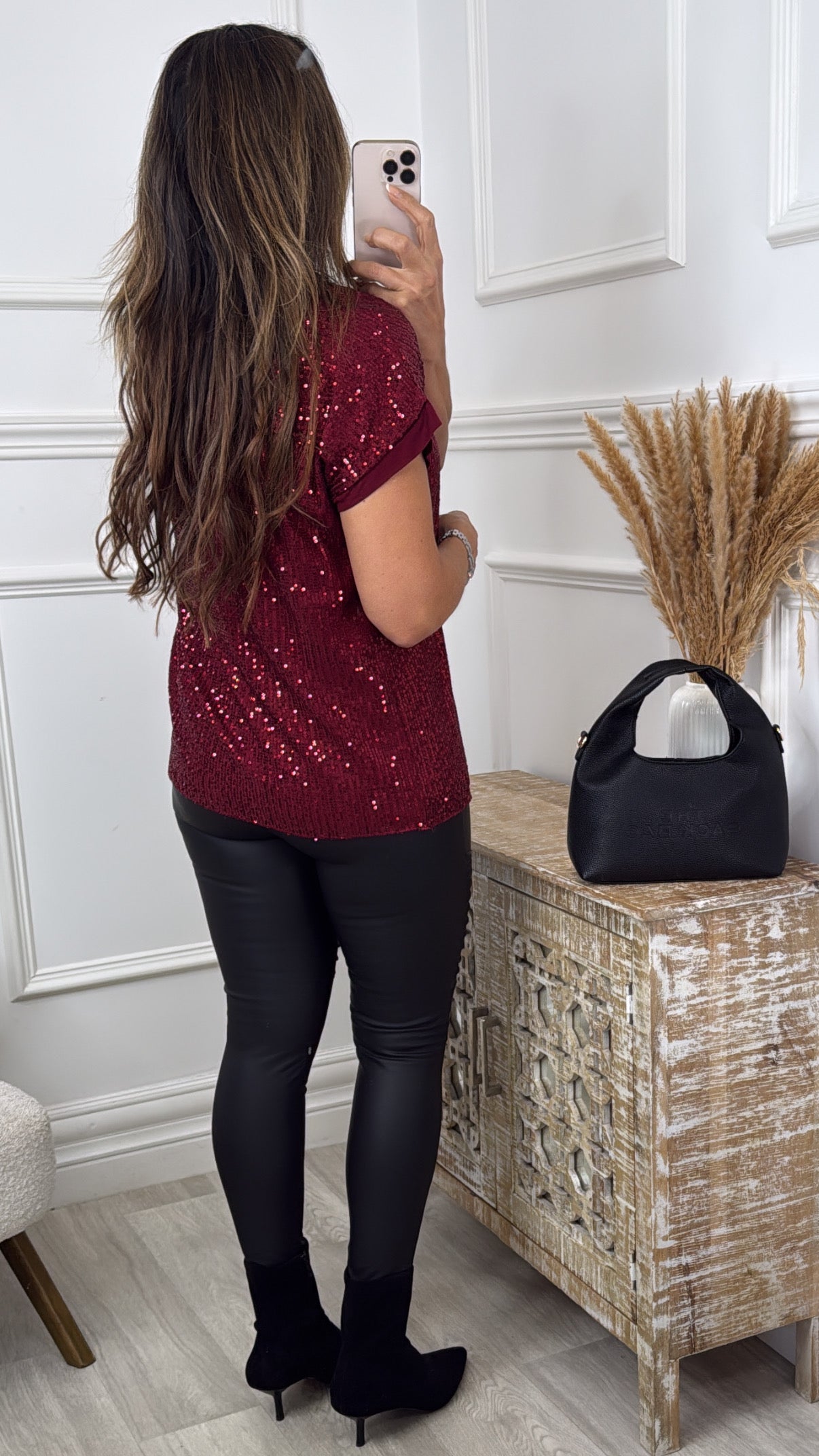 Matilda Wine Sequin Short Sleeve Top