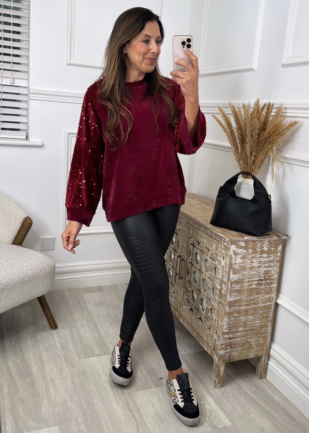 Stacy Wine Sequin Sleeve Top