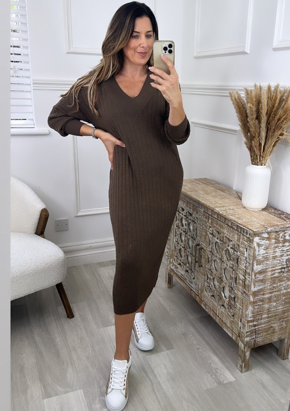 New Tessa Chestnut Brown Knitted Midi Dress