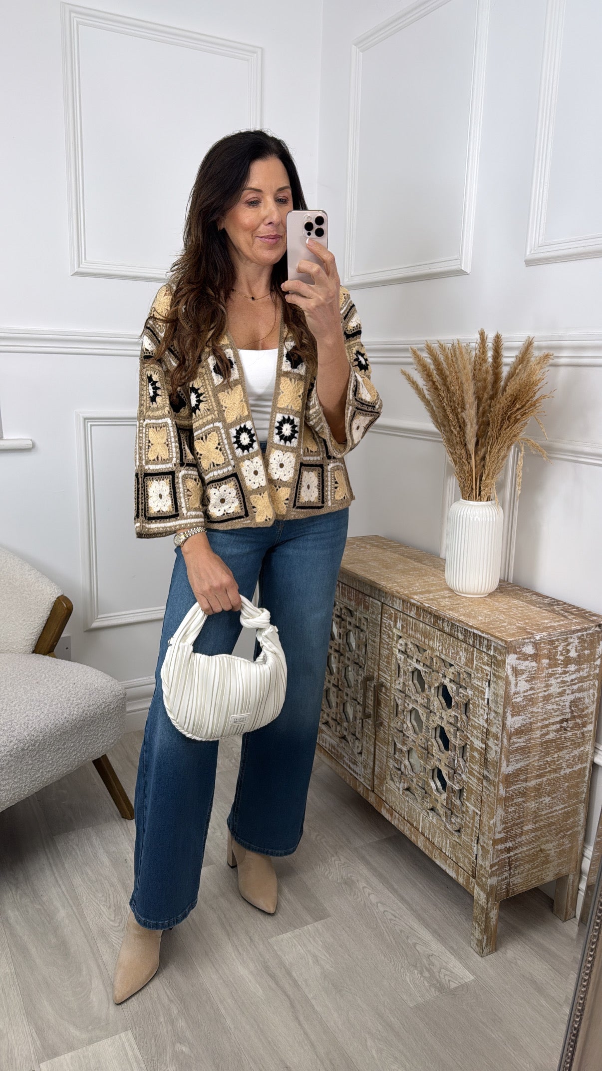 Vera Beige Flower Crochet Knit Cardigan