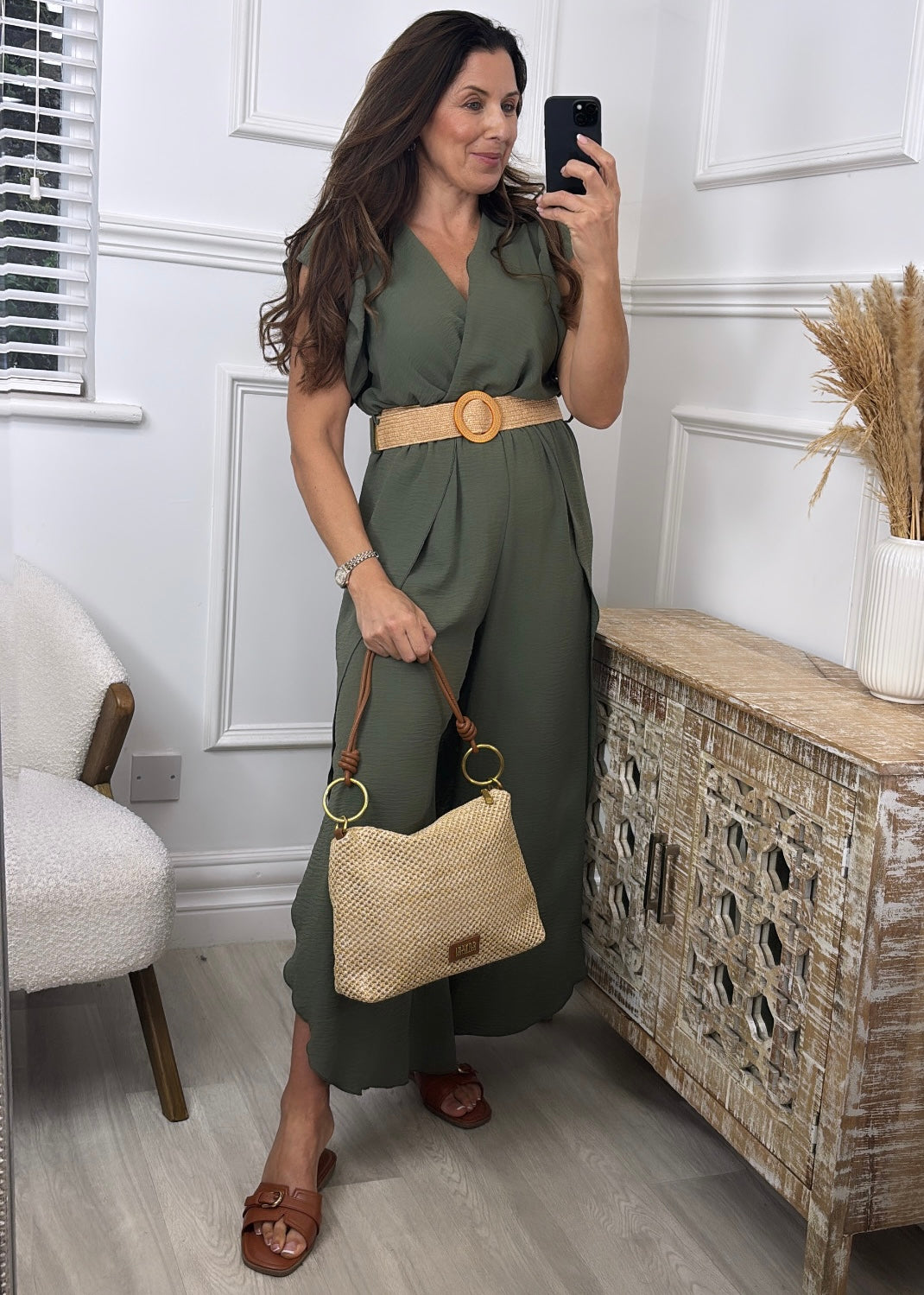 Athena Khaki Frill Sleeve Belted Jumpsuit