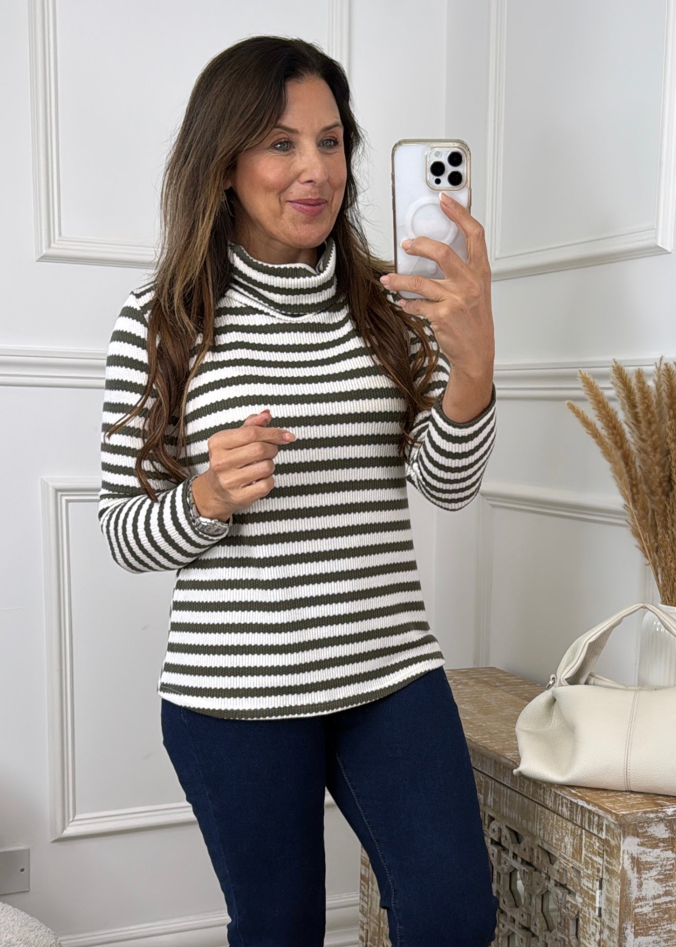 Saskia Khaki Striped Roll Neck Top