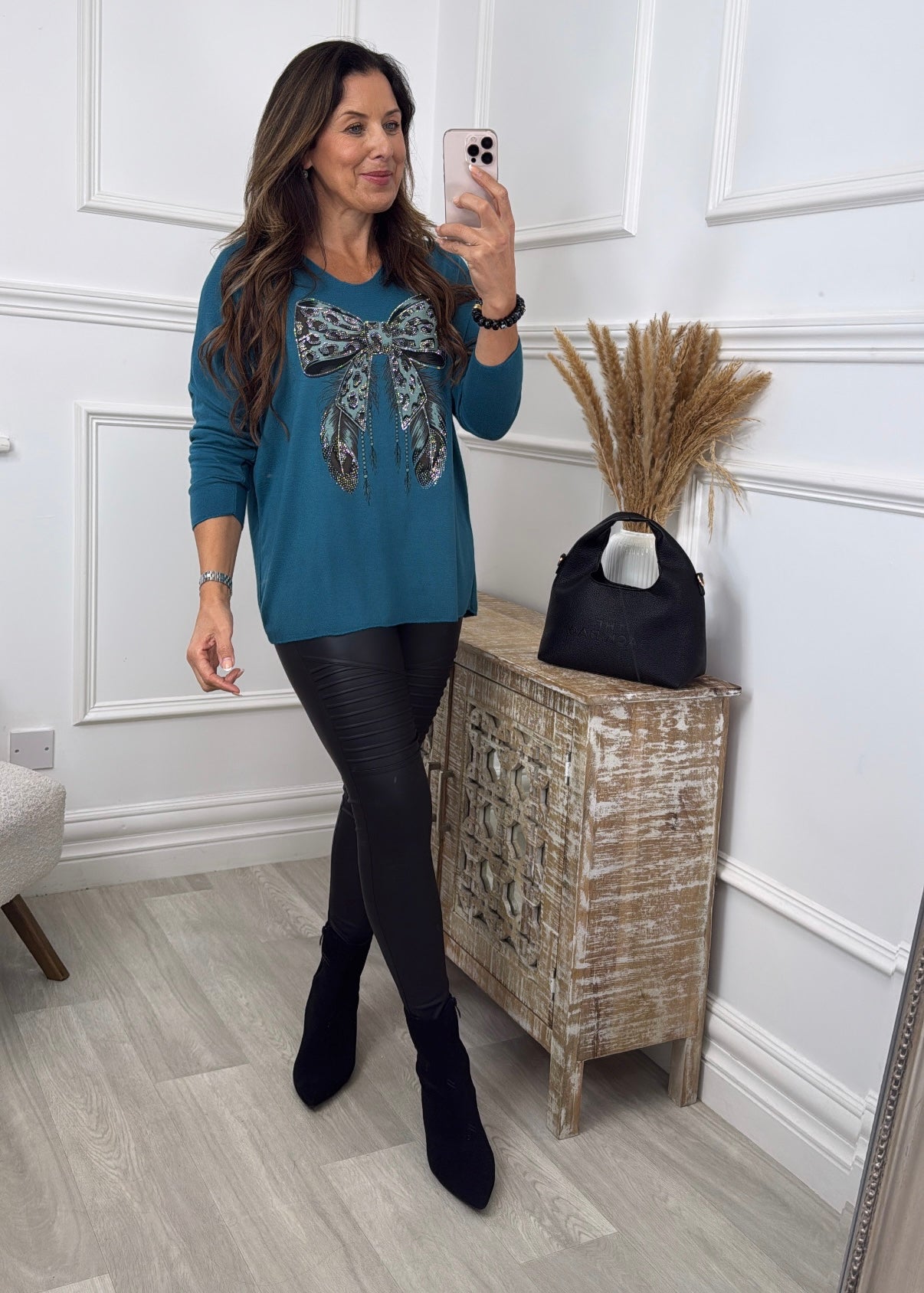 Barbara Teal Leopard Bow Design Knit