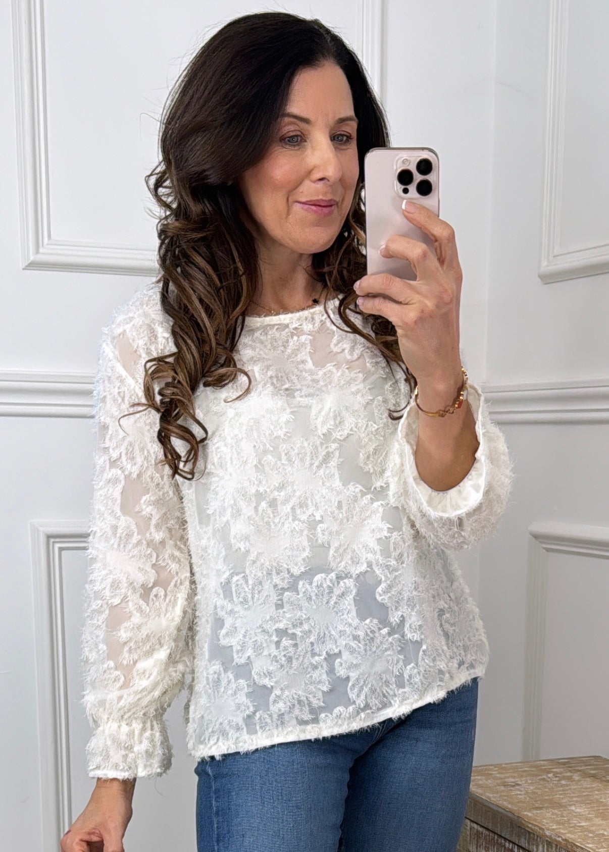 Stef Cream Floral Eyelash Texture Top