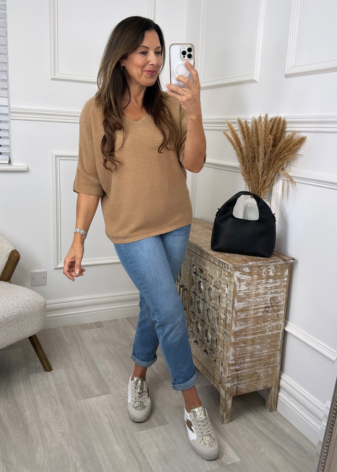 Nova Cream V Neck Glitter Top