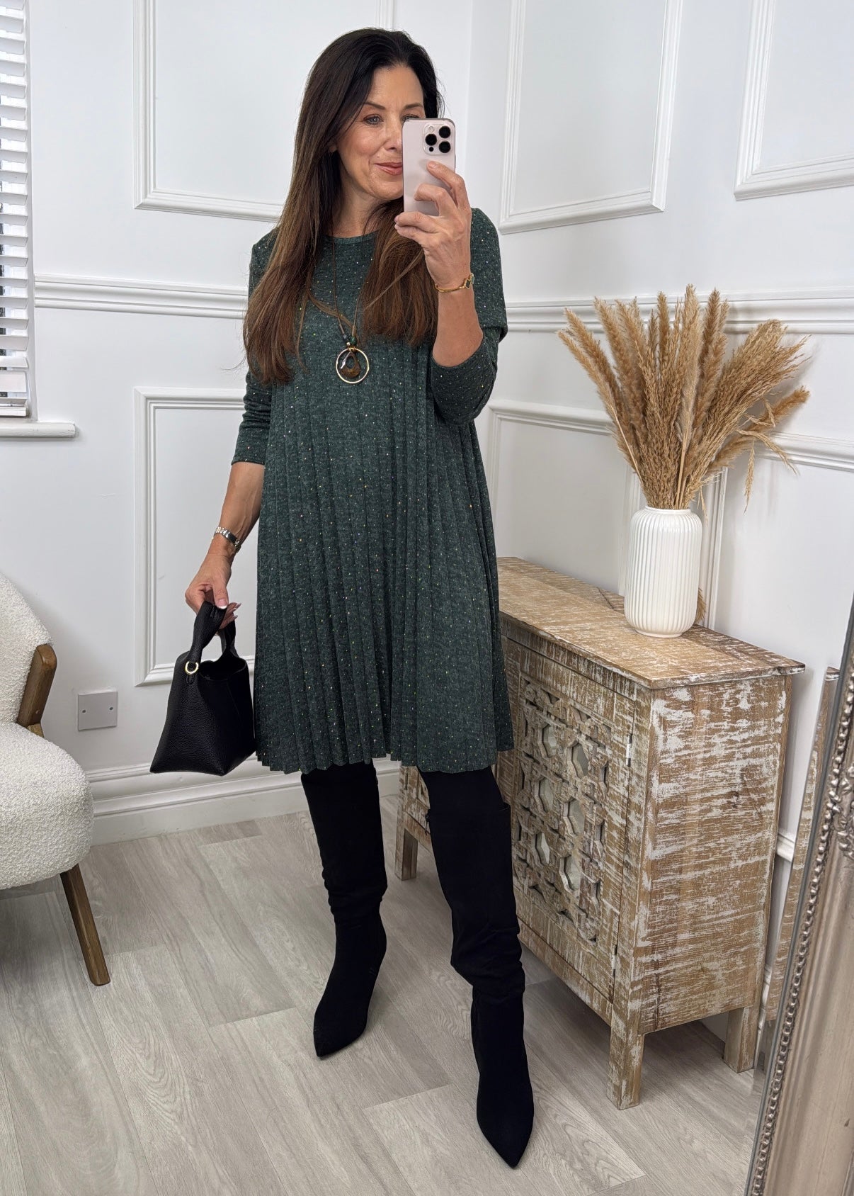 Thomasina Khaki Pleated Knit Dress