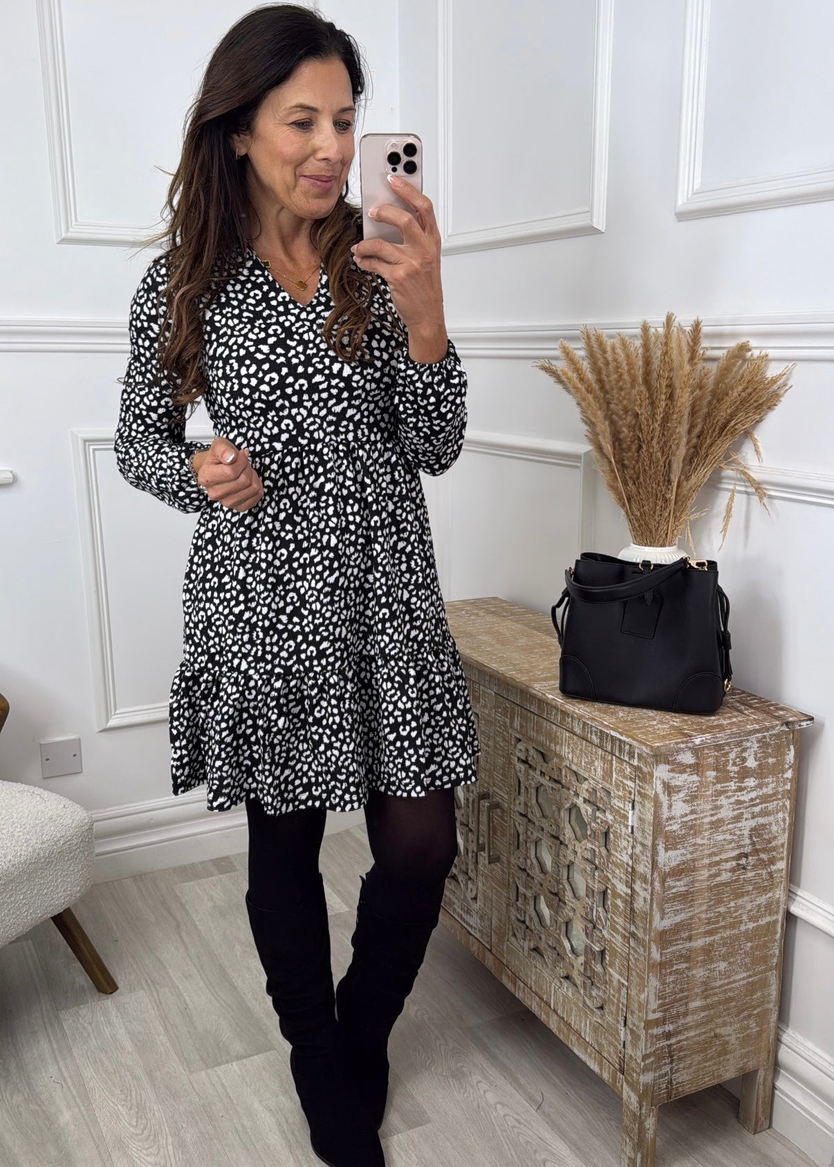 Alba Black Leopard Smock Dress