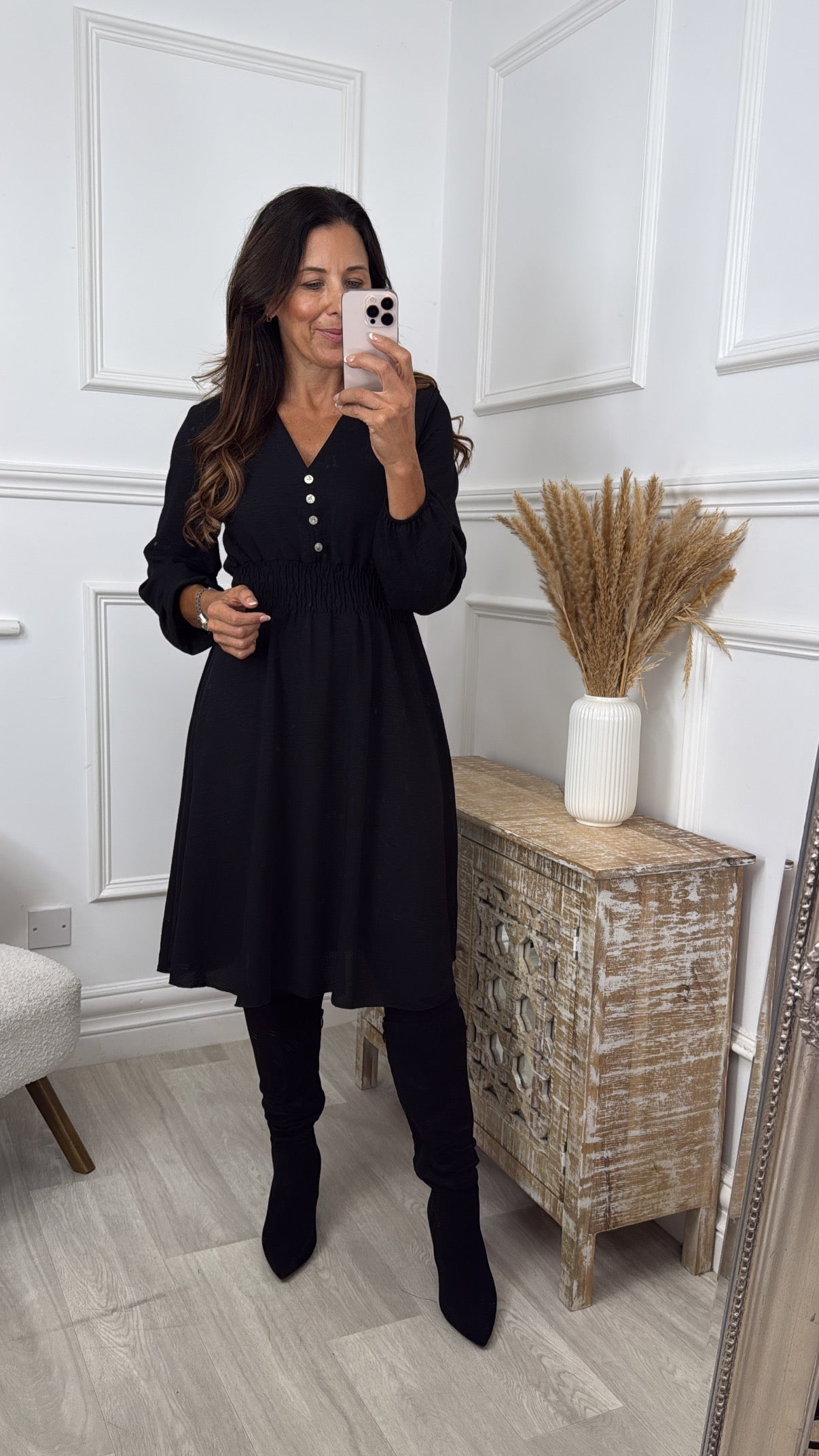 Melinda Black Shirred Waist Dress
