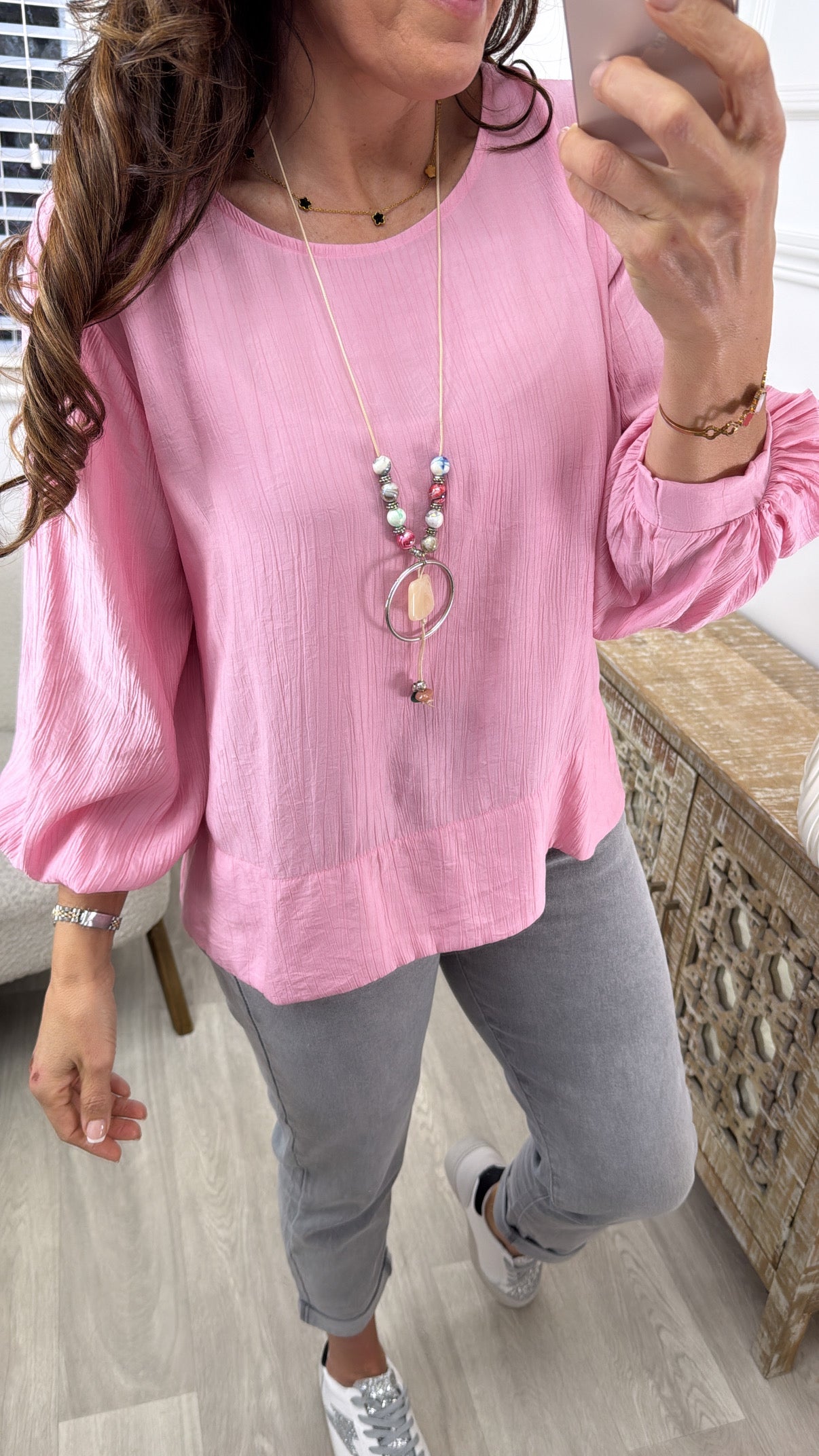Rebel Pink Textured Blouse With Necklace