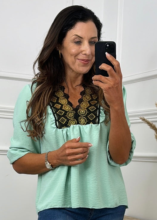 Julia Mint Black Lace Detail Top
