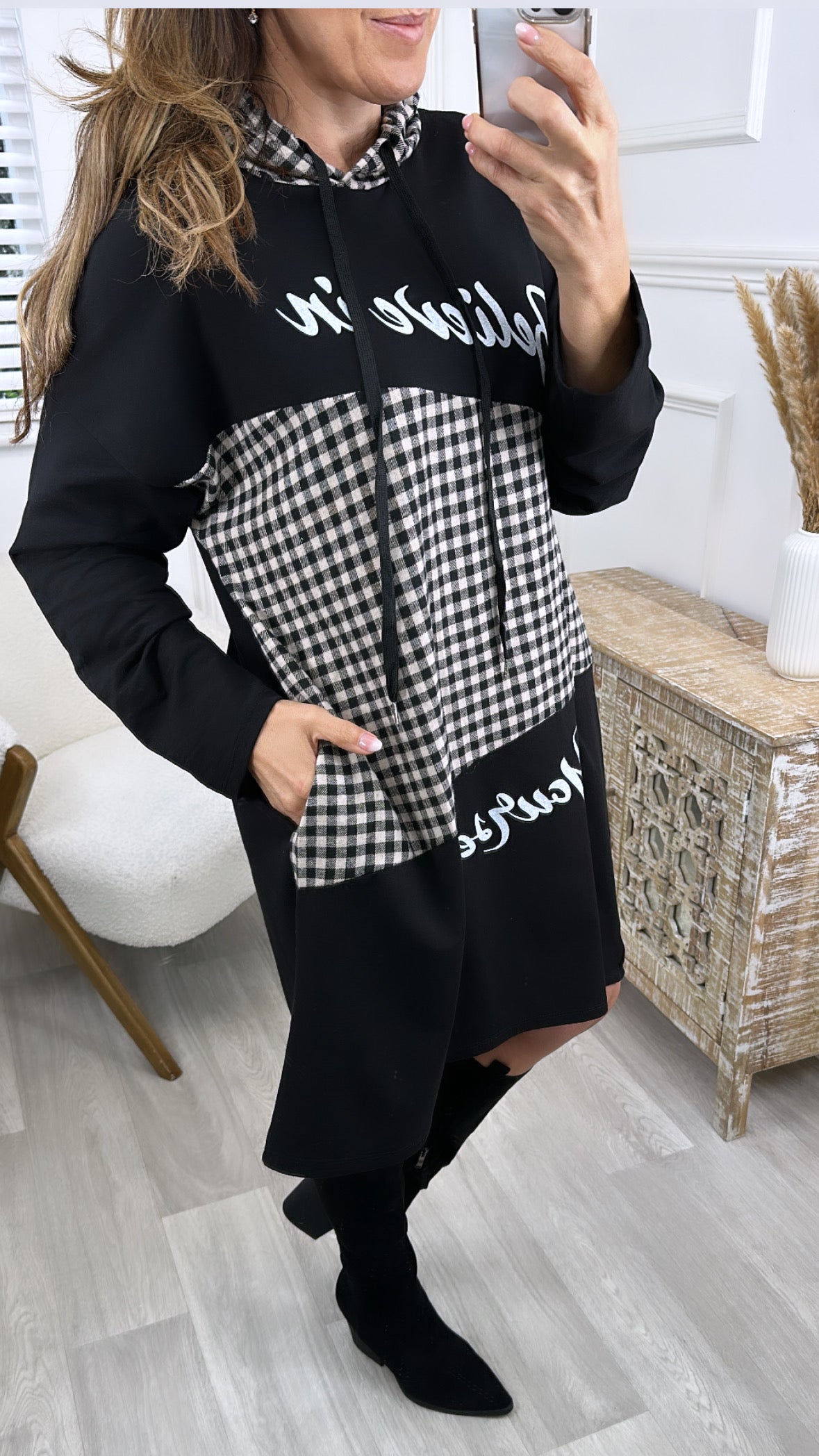 Kiera Beige Check Hoodie Dress