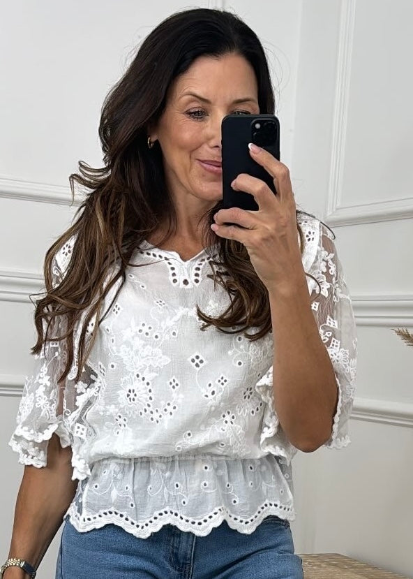 Jacinta White Broderie Anglaise Peplum Blouse