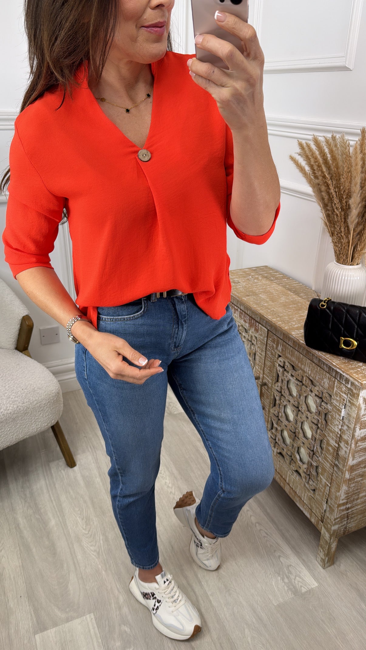 Marygold Orange Red Button Detail Top