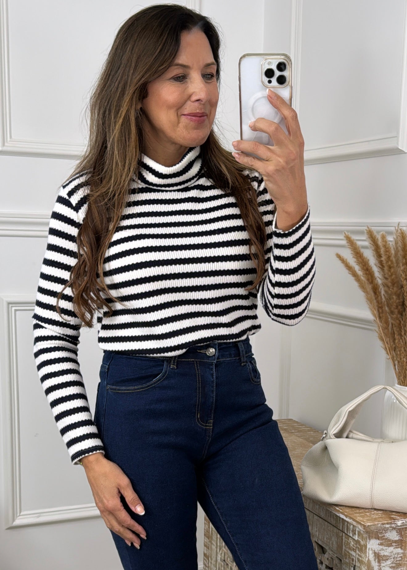 Saskia Navy Striped Roll Neck Top