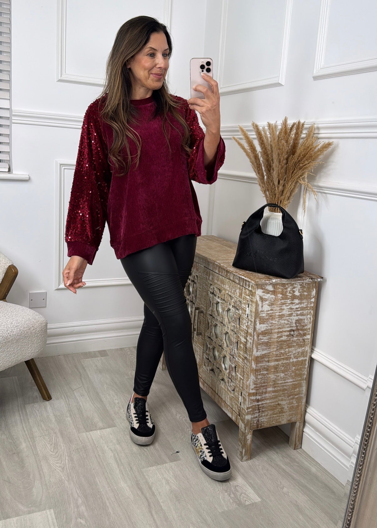 Stacy Wine Sequin Sleeve Top