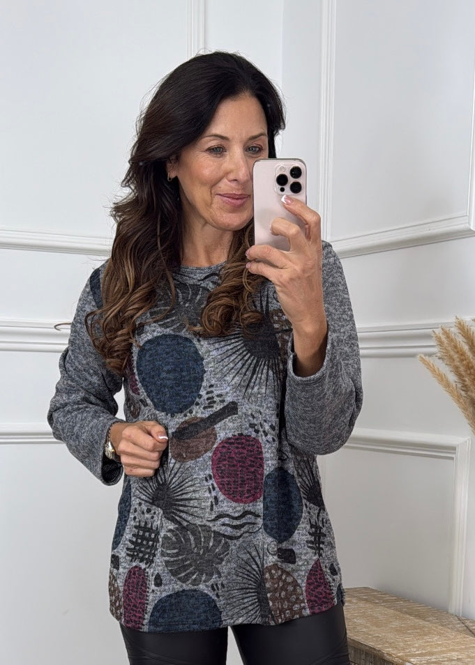 Majella Grey Printed Front Top